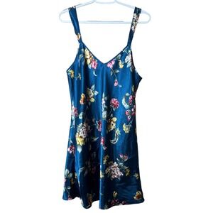 Inner Most Floral Satin Chemise Slip Dress Teal Blue Medium Cottagecore 90's
